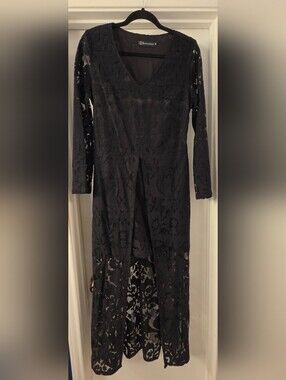 Boutique Black Lace Long-Sleeve Mini Dress With Midi Overlay